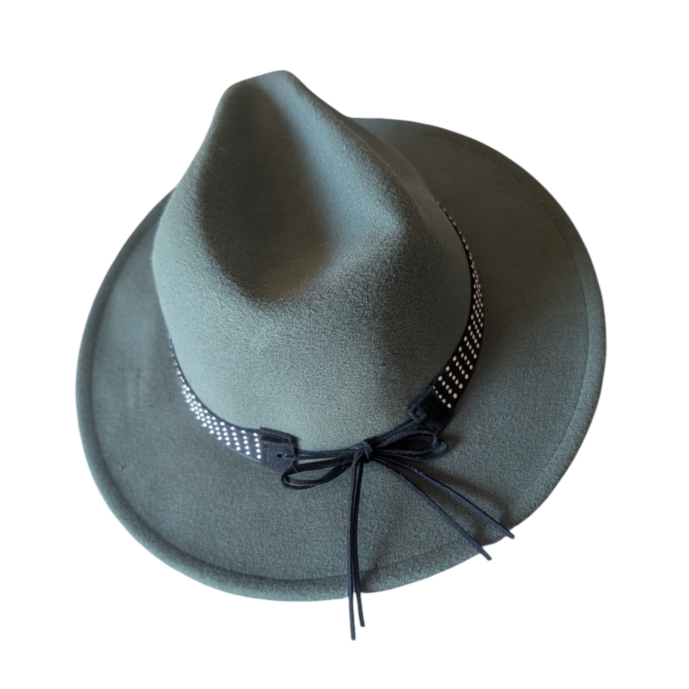 Olive Green Fedora Hat w/Black & Silver Band - Picture 2 of 9